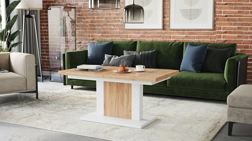 designimpex Design Couchtisch Tisch Orion stufenlos höhenverstellbar ausziehbar 120 bis 180cm Esstisch, Farbe:Eiche Gold Craft - Weiß matt