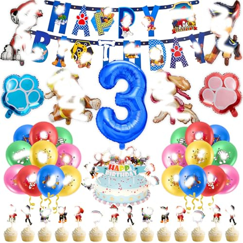 53PCS Hund Luftballon Geburtstag 3 Jahre Jungen Mädchen Hund Patrol Geburtstagsdeko Ballon Deko 3. Geburtstag Folienballons Happy Birthday Banner Cake Topper Tortendeko für Kindergeburtstag Party Deko