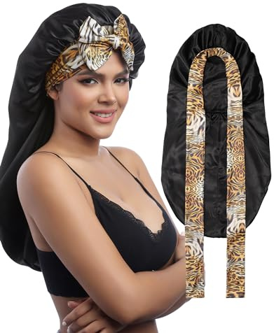MBJERRY Satin Bonnet Lange Seidenhaarhaube zum Schlafen - Verstellbare Satin Haarhaube für Die Nacht Atmungsaktive Schlafhaube Seide für Damen(Schwarz)