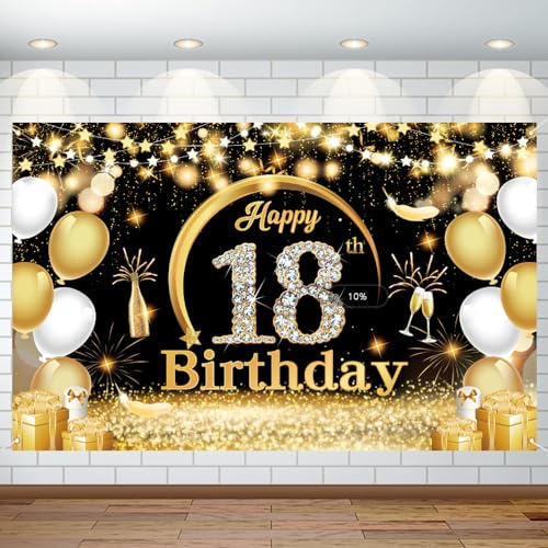 Huture 18. Geburtstag Dekorationen für Jungen und Mädchen, Happy 18 Geburtstag Banner Große Größe Schwarz Gold Geburtstag Hintergrund Banner für 18 Jahre alt Jubiläum Geburtstag Party Foto Prop
