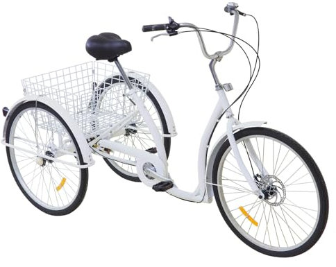 LKHDONG 26 Zoll Dreirad für Erwachsene, 6-Gang Seniorenfahrrad, 120 kg Tragfähigkeit, Antikollisionsstrahl, rutschfest und Verschleißfest mit Einkaufskorb - Weiß