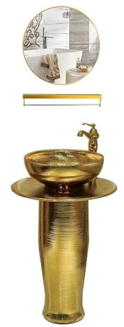 Standwaschbecken Bodenstehender Badezimmer-Waschtisch, goldenes geriffeltes Standwaschbecken, 3-teilige Keramik-Säulenwaschbecken-Badezimmerwaschbecken-Kombination, Wasserhahn/Ablauf/Spiegel Standwasc