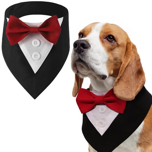 LiebeDD Halstuch Hund mit Fliege, Haustier Hundehalstuch Dreieckstuch Halstücher Hunde Smoking Bandana, Verstellbar Kopftücher Formale Hund Hochzeit Outfit für Geburtstag Party, Schwarz Rot Fliege, S