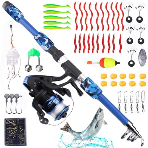 GAOUTO Angelset für Kinder: Angelrute Set mit Angelrolle und Köder Set, Kohlefaser Teleskop Angelrute 1.8m, Angel Zubehör für Kinder