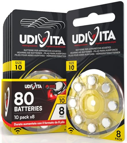 80 Batterie per Apparecchi Acustici Udivita Misura 10 PR70 (Gialle) con Tecnologia Phono Pulse - 10 Blister da 8 Pile