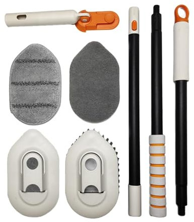 Estropajo 4 en 1 para azulejos de baño, 4 cabezales de fibra, 127 cm con mango largo, cepillo de cerdas rígidas para cocina, tina, fregadero, pared