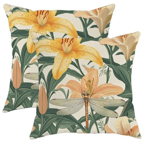 Frühlingsblumen-Kissenbezüge, 2er-Set, gelbe Lilie und Libellen-Druck, dekorative Kissenbezüge für Zuhause, Sofa, Couch, Dekoration, 40,6 x 40,6 cm