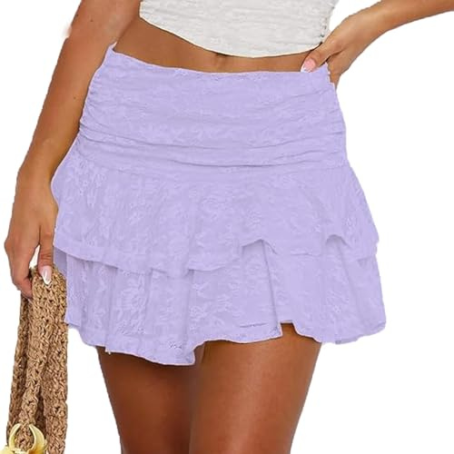 Nicoxijia Y2K - Minifalda de encaje para mujer, de talle bajo, dobladillo con volantes, falda corta fluida, de malla de verano, falda con volantes, Morado (, S