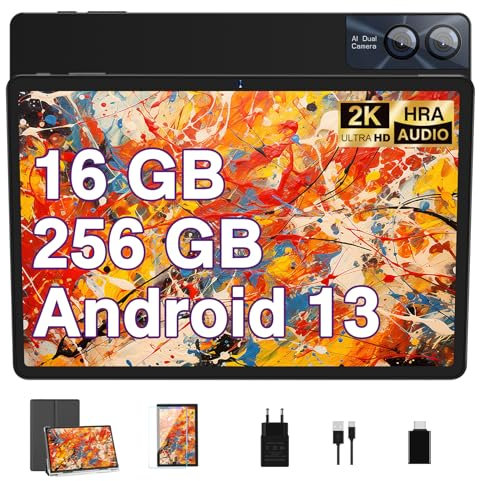GOODTEL Tablette 11 Pouces 16Go RAM + 256Go ROM (1To TF), Android 5G + 2.4G WiFi, 8600 mAh, GPS, 13MP+5MP, 2K Écran 2000 * 1200, 2.0Ghz Cores,Tablette Tactitle avec étui- Noir