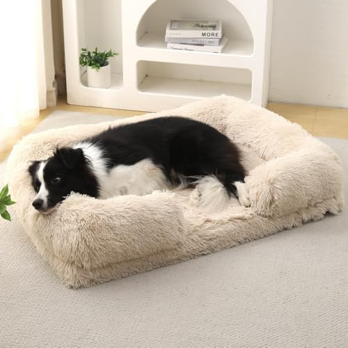 Yuly Orthopädisches Hundebett,Hundesofa mit Eierförmiger Kistenschaum,Hundekorb Große Hunde,rutschfeste Unterseite Hundekissen,Abnehmbar und Waschbar Hundebetten (L-80x55x15cm,Beige)