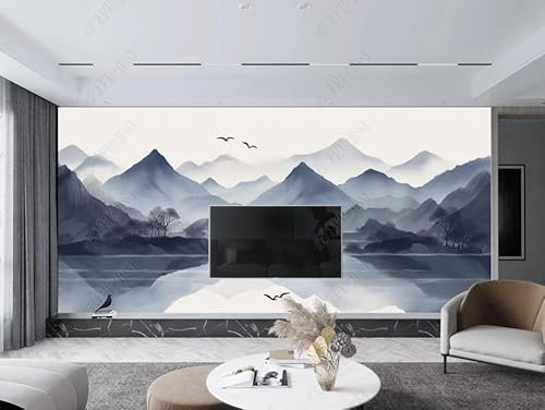 Papier Peint Intissé Encre De Chine Paysage Bleu Poster Tableaux Muraux Tapisserie Photo Trompe L'Oeil Salon Chambre Art Mural 400Cm(L) X280Cm(H)