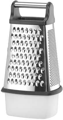 HENDI Rallador de cocina multifuncional, con recipiente, 3 lados de rallado y 1 de corte, guayo, gratinador, raspador, cortador manual de quesos, corta verduras, 158x130x(H)310mm, acero inoxidable
