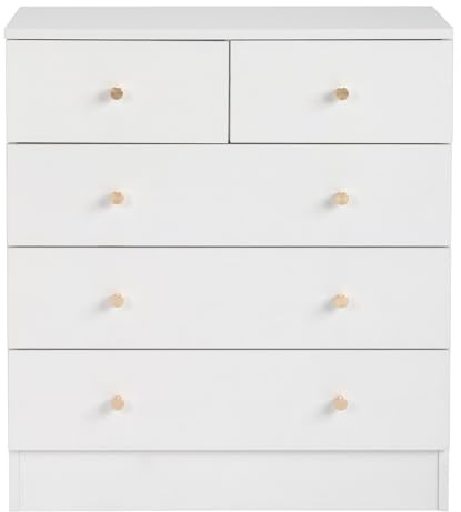 Bonnlo Commode Blanche, 5 Tiroirs avec Poignées, Meuble Rangement pour Chambre, Salle de Bain, Salon, Table de Chevet pour Adulte, Enfant, 66 x 33 x 73 cm