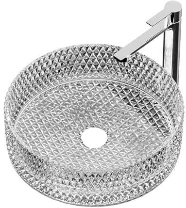EMKE Lavabo da Appoggio in Vetro Cristallo, Rotondo Trasparente, 36 x 36 x 11,2 cm – Lavabo per Bagno e WC Ospiti, Senza Foro per Rubinetto