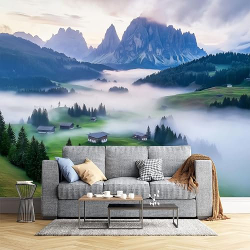 Nebliges Grasland Fototapete - Grüne Landschaft - Größe 400X280Cm (Breite X Höhe) Wandtapete Tapete, Wandbild Wandtattoo Dekoration - Tapete, Kinderzimmer, Kindertapete