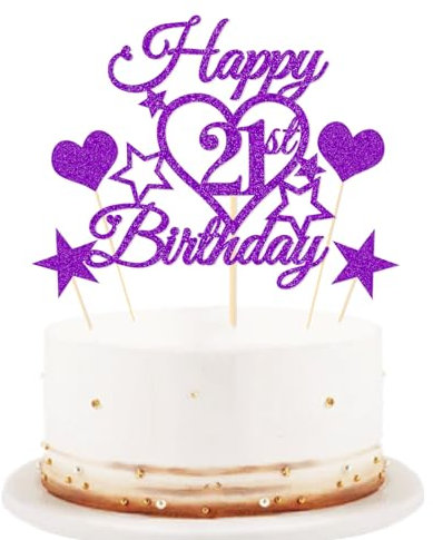 bng-bng 21st Birthday Cake Topper, Purple Glittery Happy 21st Birthday Cake Cupcake Toppers For Girls 21 Twenty-one Years Old Party Supplies Decorations