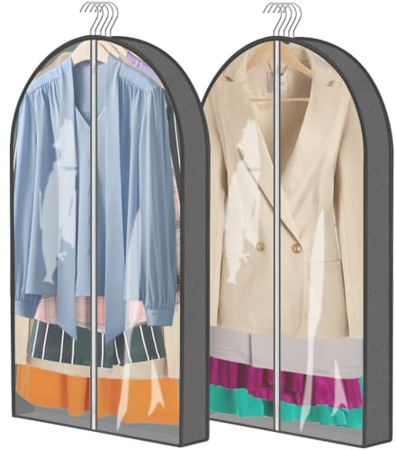 2 Pack Garment Bags PEVA Transparent Dustproof Garment Covers 4 Gusseted Clothes Covers with Zip Waterproof Hanging Storage Bags for Suits Shirts Dresses Coats Costumes (60×100CM)