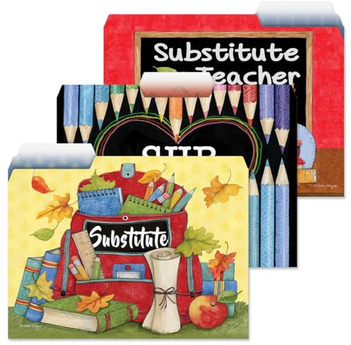 Current Sub Teacher File Folders - Set of 12, 3 Designs, Staggered Tabs, Letter-Sized 9 1/2 x 11 3/4