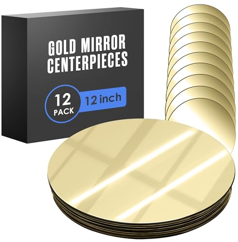 Houseables Gold Mirror Centerpieces For Tables, Round Mirrors For Centerpieces, Mirrored Trays, Round Table Plate Tray, Circle, Glass Charger, Wedding, Center Piece, Small, Base, Candle, 12 Inch, 12PK