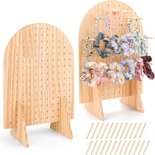 Wernfale 2 Pack Wooden Pegboard Display Stand with 25 Pcs Wood Dowel Rods, Oval Pegboard Stand for Jewelry,Peg Board