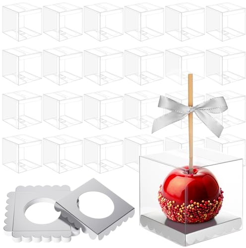 Weysat 100 scatole per caramelle e mele con foro argentato, base superiore trasparente, scatole regalo con inserti in cartone per torte, cioccolatini, vassoio circolare per compleanno, festa di nozze