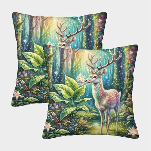 WXLWHR Fundas De Cojines con Ciervo Juego De 2 Funda Almohadón Bosque Misterioso Ciervo con Cremallera Poliéster Decorativo para Sala De Estar Sofá Coche 50x50cm