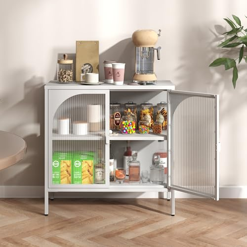 BIZOEIRON Metallschrank mit Glastüren, Sideboard Küchenschrank, Glas Vitrine Schrank mit Verstellbarem Regal, Anrichte Schrank für Küche Esszimmer Wohnzimmer, 35T x 80B x 80H cm, Weiß