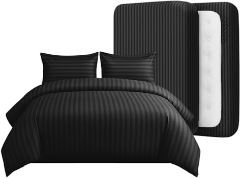 Casabella Duvet Cover Sets - 4 Pc Luxury Double Duvet Brushed Microfiber Duvet Full Set - Duvet Cover, Fitted Sheet & Pillowcase 2 Pack - Soft & Durable Double Duvet Set - Stripe Black Bedding