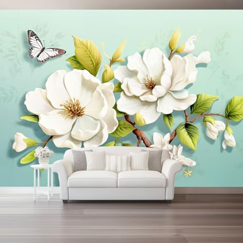 3D Photo Wallpaper 250 X 175 Cm Plant White Magnolia Flowers and Butterfly Wall Mural Non-Woven Panoramic Poster Home Decoration Wallpaper Murals for Living Room Bedroom Office