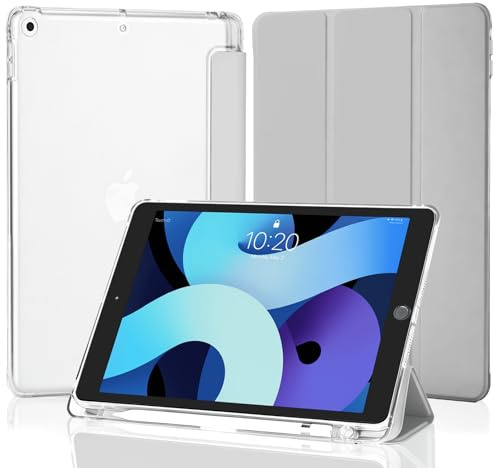 4UBonLife Coque pour iPad 10,2 Pouces 9ème/8ème/7ème Génération 2021/2020/2019 avec Porte-Stylet, Étui Housse de Protection Léger Coque Arrière Rigide Translucide Givré pour iPad 9/8/7, Gris Clair