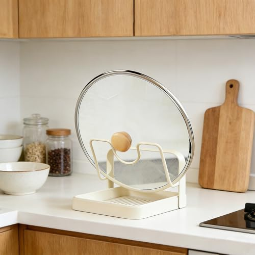 tugkew 304 Stainless Steel Kitchen Pot Lid Storage Rack, Pot Lid Holder while Cooking, Pot Lid Organizer with Removable Tray & Spoon Rest,Waterproof & Rustproof (Beige, 1 Layer)