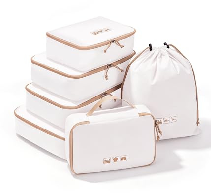 ECOHUB Packwürfel 6er Set Koffer Organizer, Reißfest & Wasserabweisend, Durchdachtes Ordnungssystem mit Kennzeichnung, Reise Organizer, Leicht, Schuhbeutel, Beige Sand Set