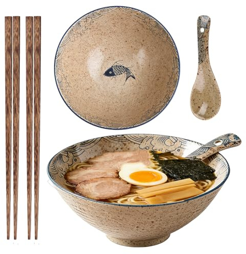 2 Sets Ramen Schüssel Set, 1200ml Ramenschüssel aus Keramik mit Essstäbchen und Löffeln, Keramik Ramen Schüssel, Suppenschalen Rührschüsseln Japanisches Geschirr für Nudeln Getreide Suppen Salate