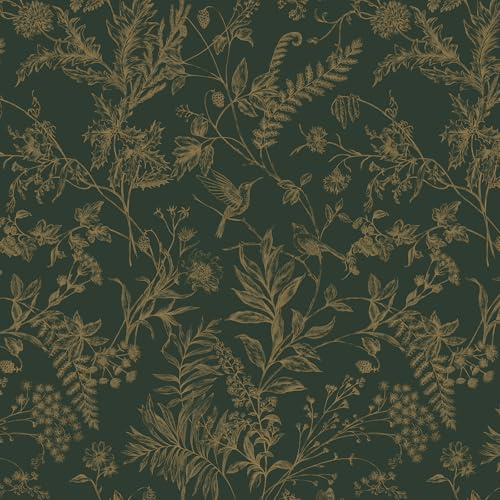 CiCiwind Selbstklebende Tapete 41cm×3m Grün Gold Möbelfolie Selbstklebend Verdickte Blumen Tapeten Vinyl Klebefolie Vintage Blumen und Vögel Klebetapete Selbstklebend für Wand Schrank Dekoration