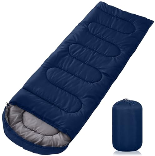 JUQG Saco de Dormir Portátil Azul Oscuro, 220x85cm Impermeable Saco de Dormir de 3 Estaciones con Bolsa de Compresión para Camping, Senderismo, Actividades al Aire Libre