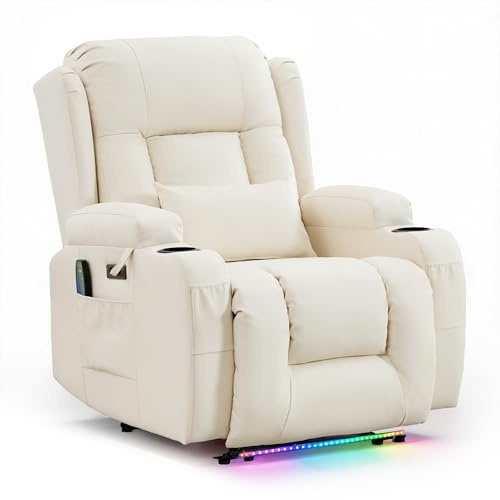 SnyFivv Relaxsessel mit Massage und Heizfunktion, Fernsehsessel Elektrisch Verstellbar, TV Sessel mit USB-Anschlüsse, Getränkehalter, Seitentaschen, Kunstleder (Cremeweiß)