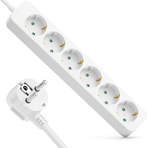 deleyCON 6-Fack Grenuttag med 90° Vinkelkontakt - 5m Kabel - 6x Skyddskontaktuttag Grenuttag Strömkabel Fördelare Förlängning Strömlist Hushåll Kontor 3680W 16A - Vit