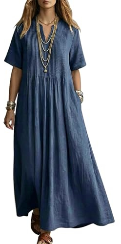 VEVESMUNDO Ladies Cotton Linen Summer Maxi Dresses Loose Fitting Long Dress with Pockets for Women (Deep Blue, L)