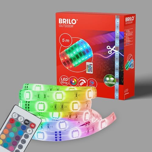 Briloner Leuchten – LED Band 5m außen, LED Strip dimmbar, RGB, IP44 spritzwassergeschützt, Streifen 150xRGB-LED/0,16W, Weiß