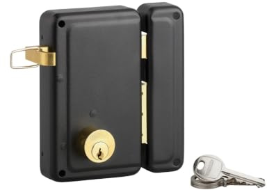 Serrure verticale en applique double entrée à tirage pour porte d'entrée, droit, 76x130mm, axe 45mm, noir, 3 clés - THIRARD