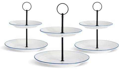 Nicola Spring Farmhouse 2-Tier Cake Stands - Set of 3 White Porcelain Rustic Country Cottage Afternoon Tea Dessert Stands with Rolled Rims & Hoop Handle