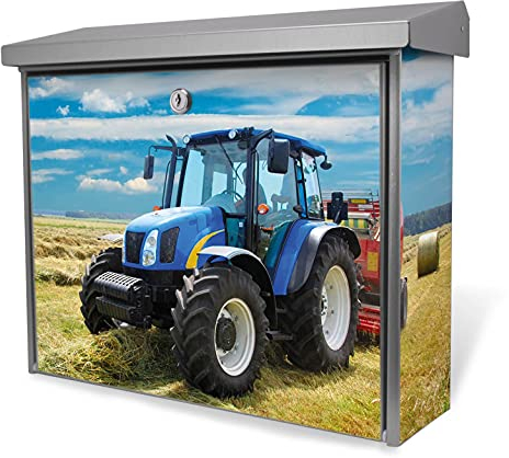 banjado® Burgwächter Briefkasten Edelstahl 38,5x31,5x12cm mit Motiv Traktor/Briefkasten Edelstahl ohne Zeitungsfach/Briefkasten grau/Postkasten inkl. Montagematerial & 2 Schlüsseln