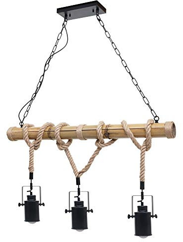 Mendler Pendelleuchte HWC-H82, Hängelampe Hängeleuchte, Industrial Vintage Bambus Seil Metall schwarz - 3x Spotlampenschirm