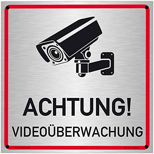 Schilderio Achtung Videoüberwachung Schild (20x20 cm Alu Verbund) videoüberwacht Warnschild Hinweisschild zur Kennzeichnung einer Kamera Überwachung, 3mm Alu inklusive Bohrlöcher und Montagekit