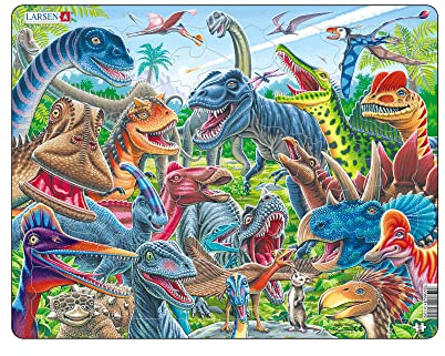 Larsen Puzzle CZ4 Fröhliche Dinosaurier, Alter 4–7, Kinder Puzzle, 43 Teile, Spielerisches Lernen & Entwicklung, Rahmenpuzzle