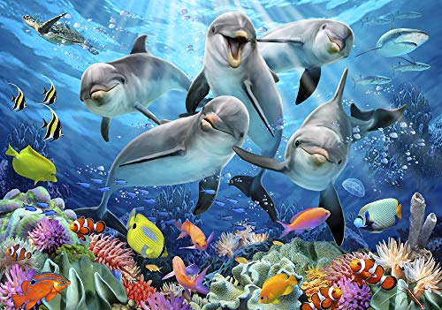 WallArena - Vlies Fototapete Kinderzimmer Delphin 254x184 cm - Fototapeten - Fototapeten Tapeten für Kinder Kindertapete - Vliestapete Wandtapete Tapete 3D Effekt - Wasser