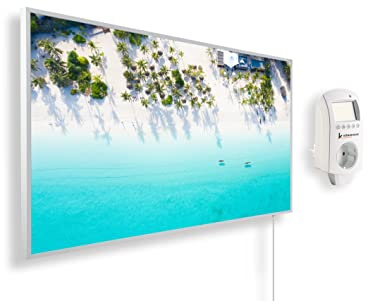 Könighaus Panorama Bildheizung 800 Watt - Smart Thermostat - 11-21 m² | App, weißer Rahmen, Motiv: 14. Traumstrand 1, TÜV SÜD, Infrarot Wandheizung