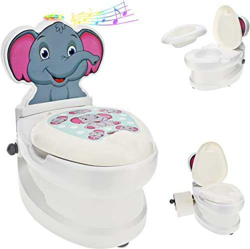 alles-meine.de GmbH Kindertoilette/Töpfchen Spülgeräusch + Licht Elefant mit Wasserspülung Sound - Nachttopf/Babytopf - mit Deckel - weiß - Musik - Toilettentrainer - B..