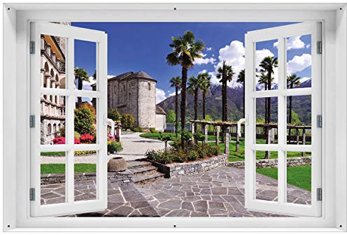 Wallario Outdoor-Poster für Garten oder Balkon Palmen im Süden, Motivbanner Größe: ca. 60 x 90 cm mit Fenster-Illusion