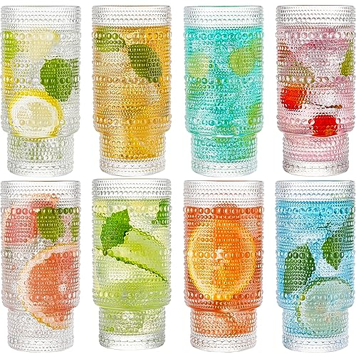 wookgreat Drinking Glasses, 8 pcs Embossed Designed Glass Cups, 16oz Highball Glasses, Ripple Vintage Glassware, Ribbed Glasses, Striped Glasses, Iced Coffee Glasses for Cocktail, Whiskey, Juice